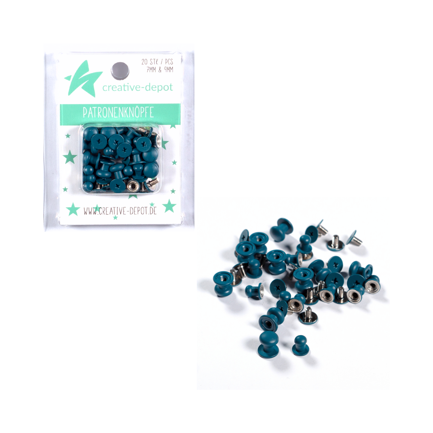 Patronenknopf - Pfauenblau - Matt - 20 Stück - 7 mm & 9 mm