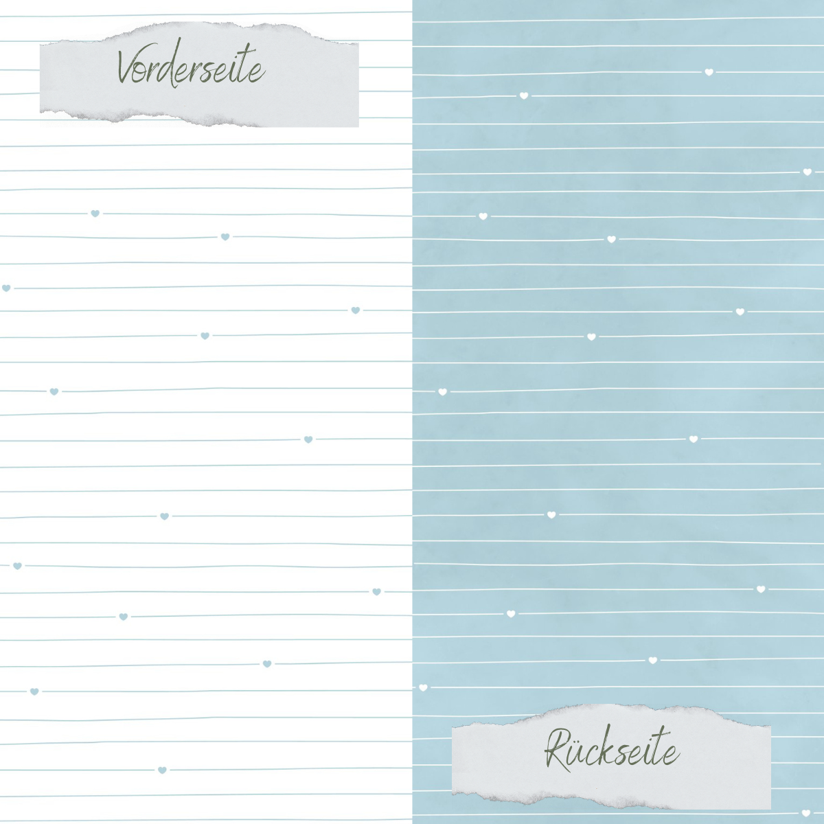 Designpapier - Basic - Vintage Hellblau - Doodle Linien mit Herzchen - Doppelseitig bedruckt