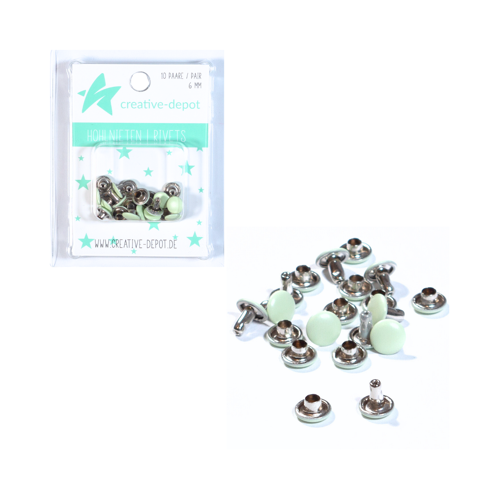 Doppelhohlnieten - Seeglas - Matt - 10 Paar - 6 mm