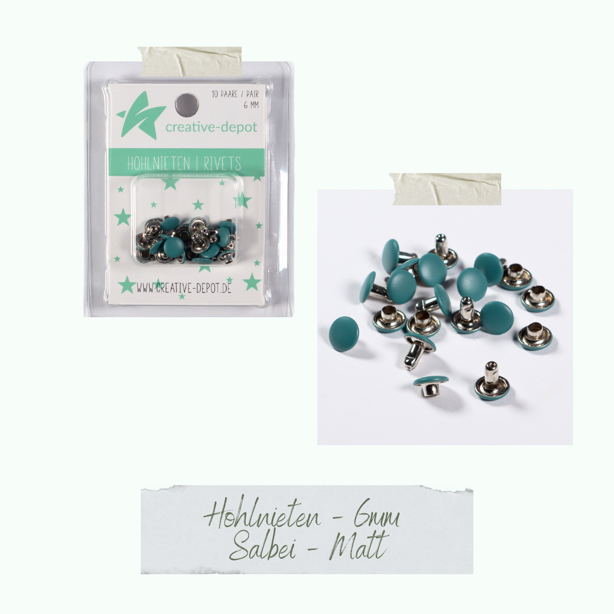 Doppelhohlnieten - Salbei - Matt - 10 Paar - 6 mm Doppelhohlnieten - Salbei - Matt - 10 Paar - 6 mm