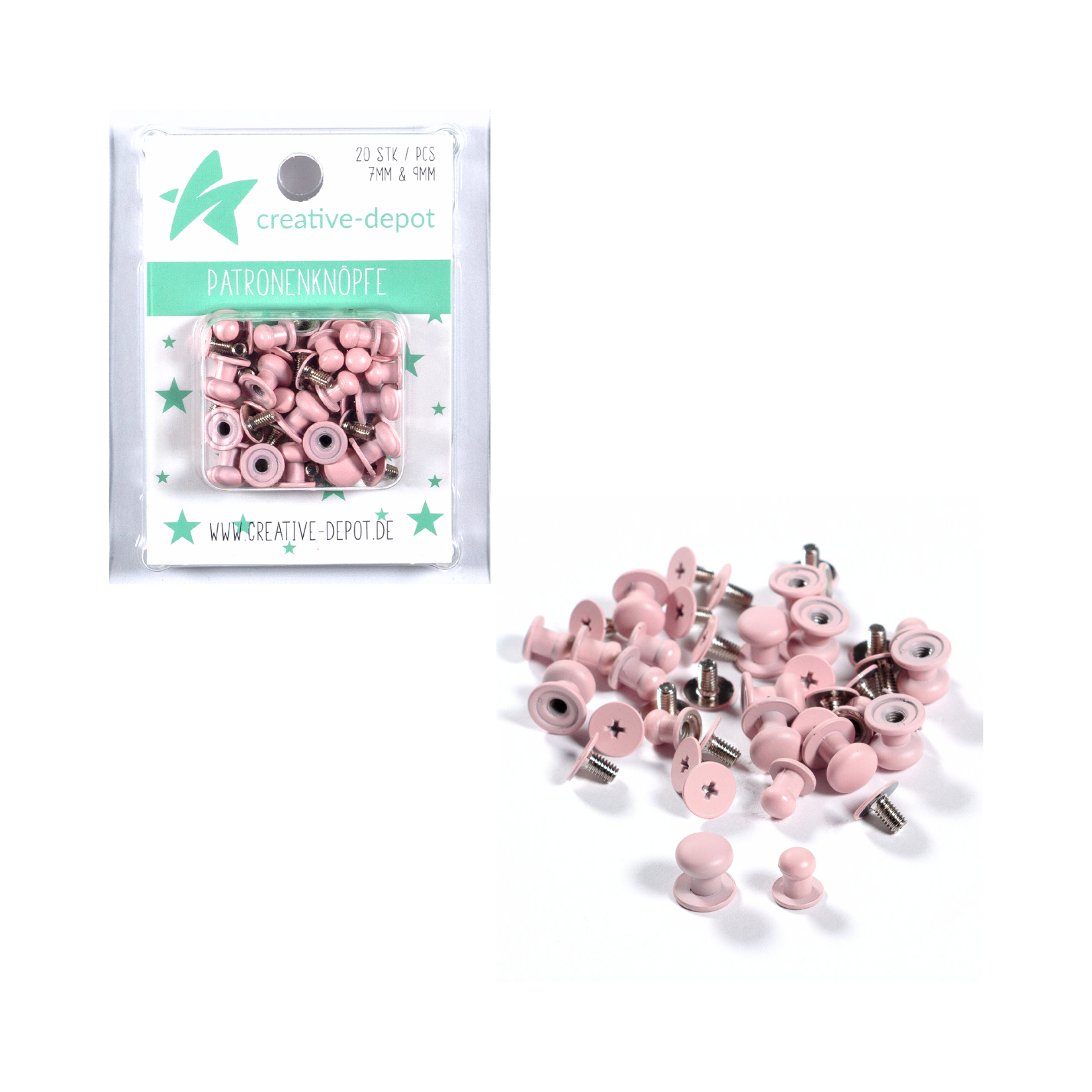 Patronenknopf - Kaugummi Rosa - Matt - 20 Stück - 7 mm & 9 mm