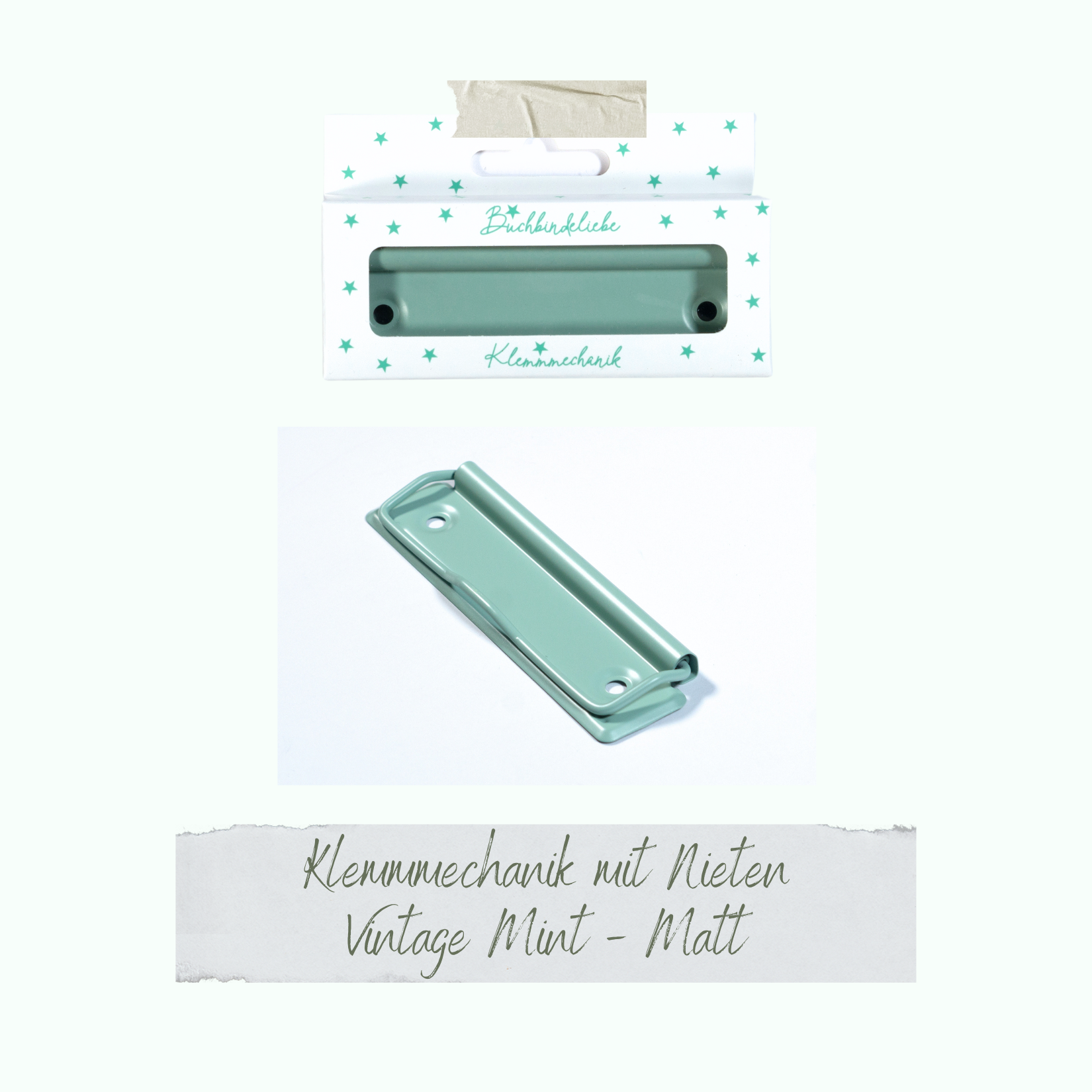 Klemmmechaniken - Vintage Mint - Matt - Buchbindeliebe - 3 Stück inkl. Nieten  Klemmmechaniken - Vintage Mint - Matt - Buchbindeliebe - 3 Stück inkl. Nieten