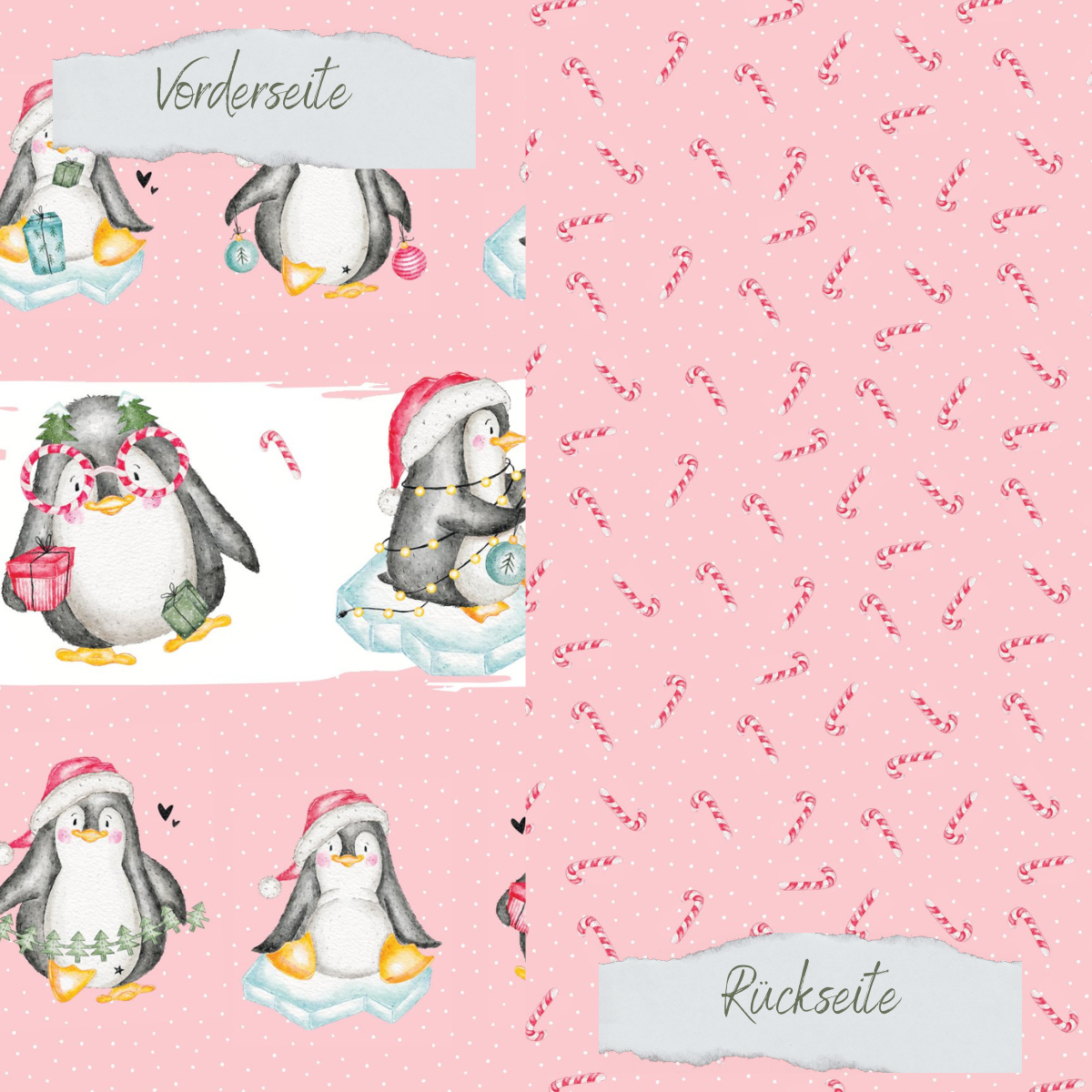 Designpapier - Weihnachtspinguine - Rosa - Doppelseitig bedruckt