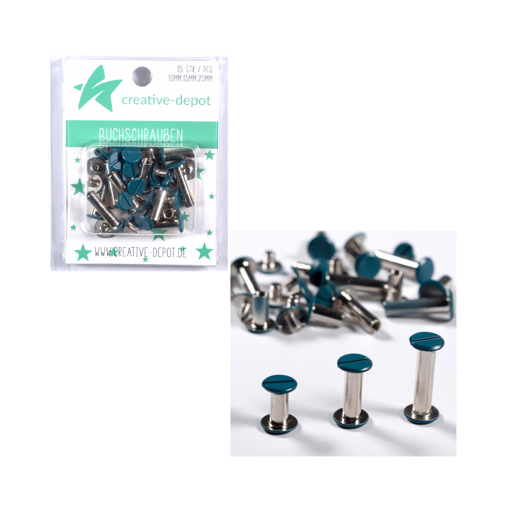 Buchschrauben - Pfauenblau - Matt - 15 Stück