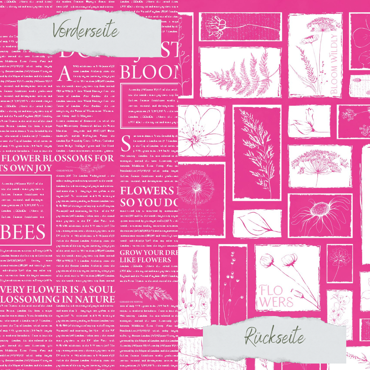 Papel de diseño - Basic - Sommerpink - Newspaper + Wildflowers - Doppelseitig bedruckt  