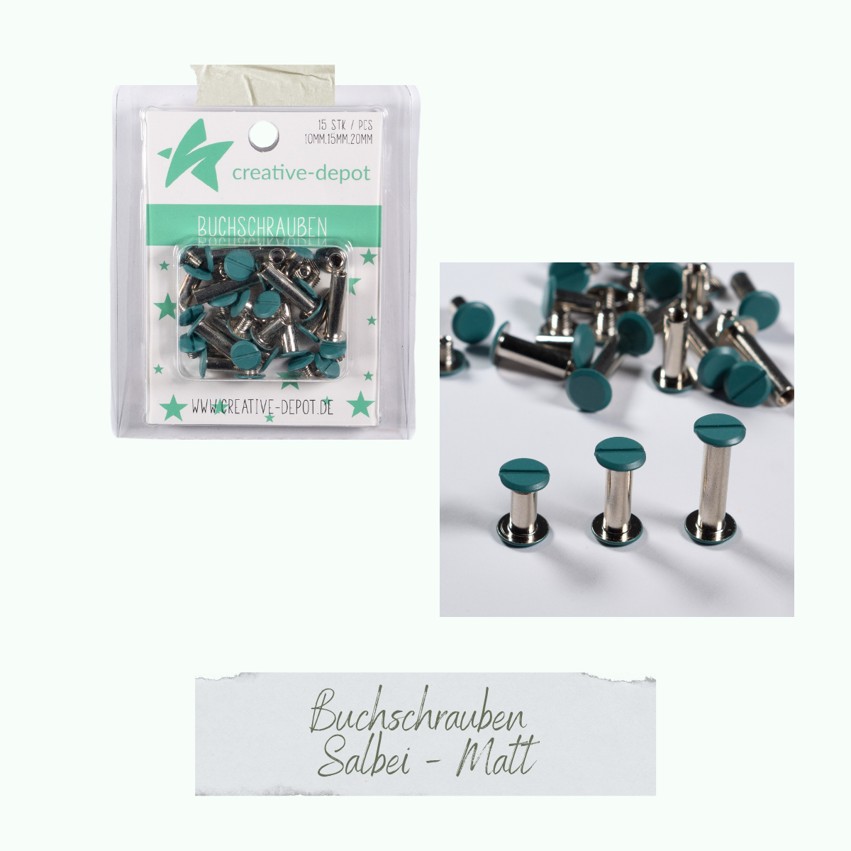 Buchschrauben - Salbei - Matt - 15 Stück Buchschrauben - Salbei - Matt - 15 Stück