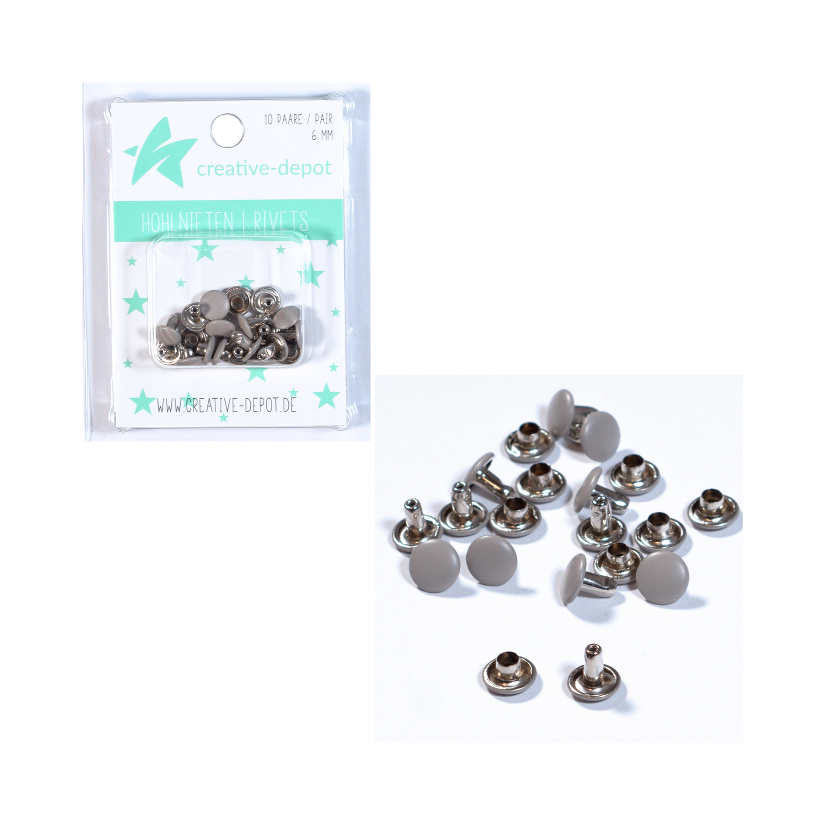 Doppelhohlnieten - Taupe - Matt - 10 Paar - 6 mm