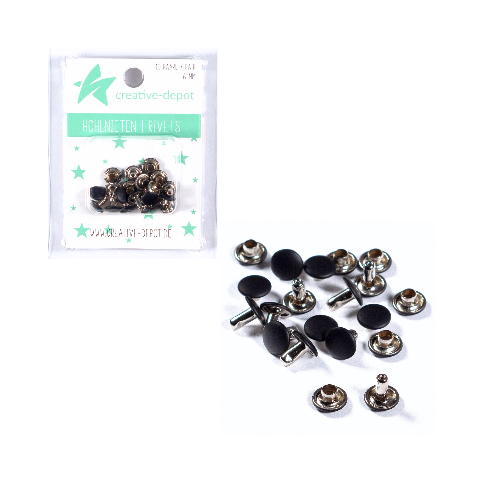 Doppelhohlnieten - Schwarz - Matt - 10 Paar - 6 mm