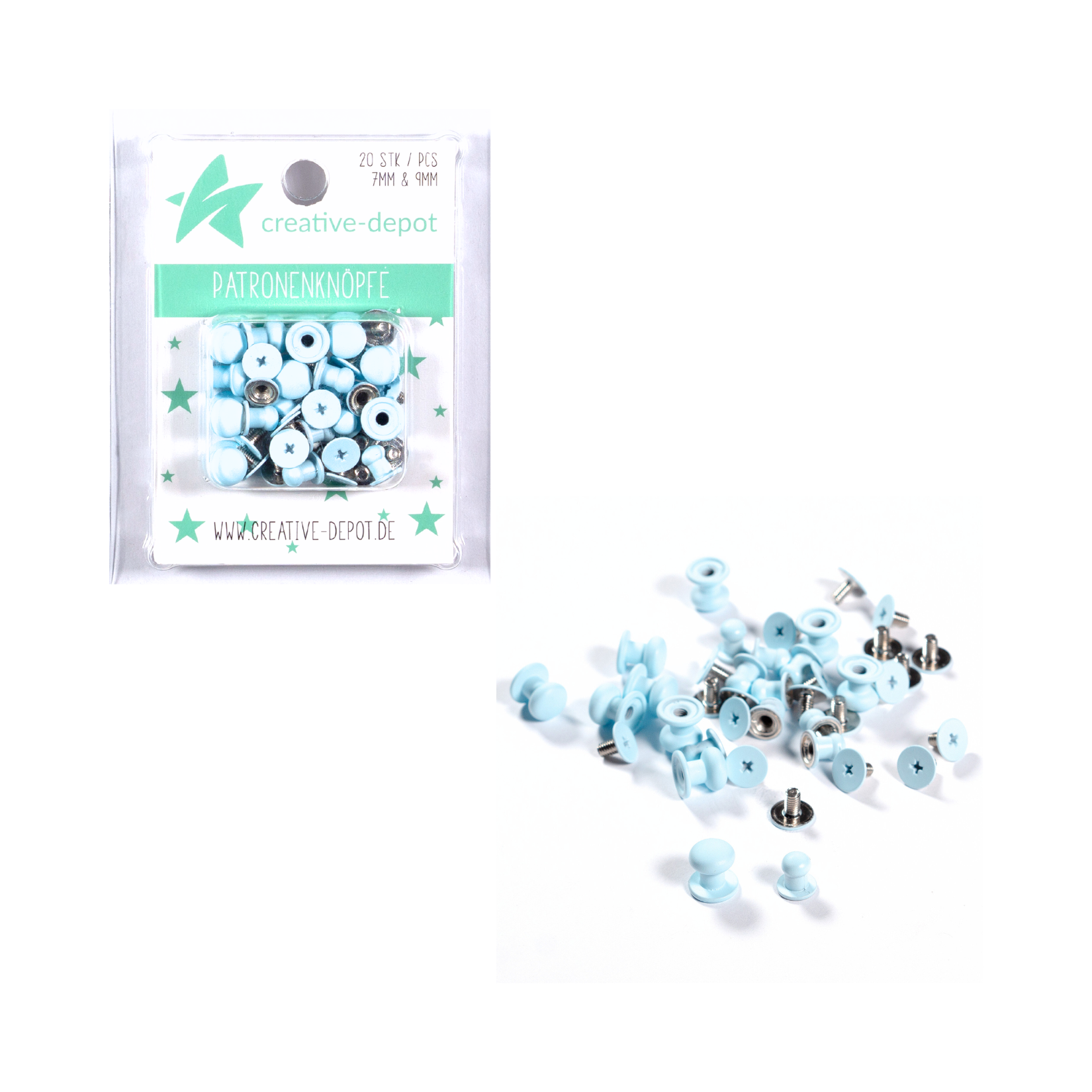 Patronenknopf - Baby Blau - Matt - 20 Stück - 7 mm & 9 mm