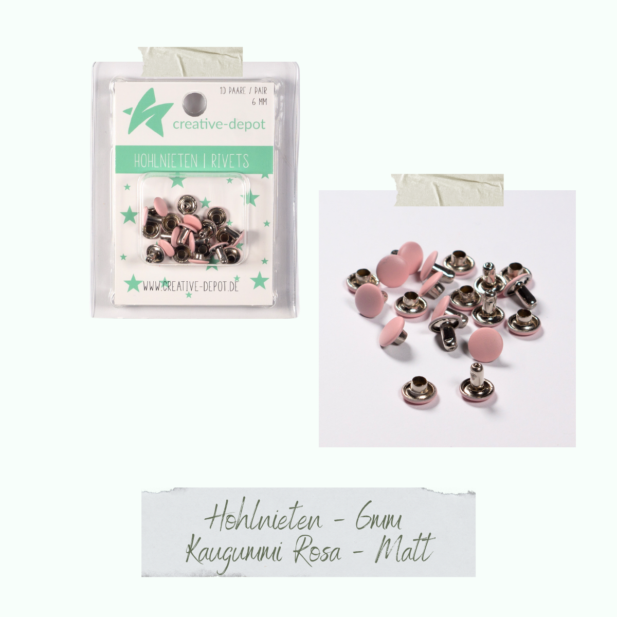Doppelhohlnieten - Kaugummi Rosa - Matt - 10 Paar - 6 mm Doppelhohlnieten - Kaugummi Rosa - Matt - 10 Paar - 6 mm