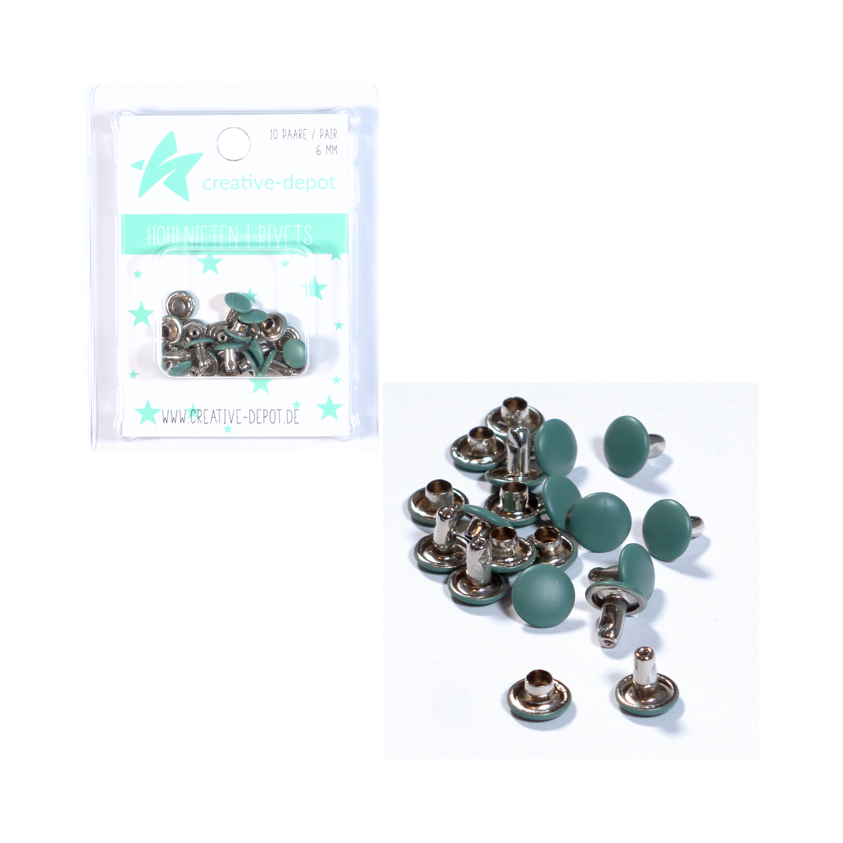 Doppelhohlnieten - Moos - Matt - 10 Paar - 6 mm