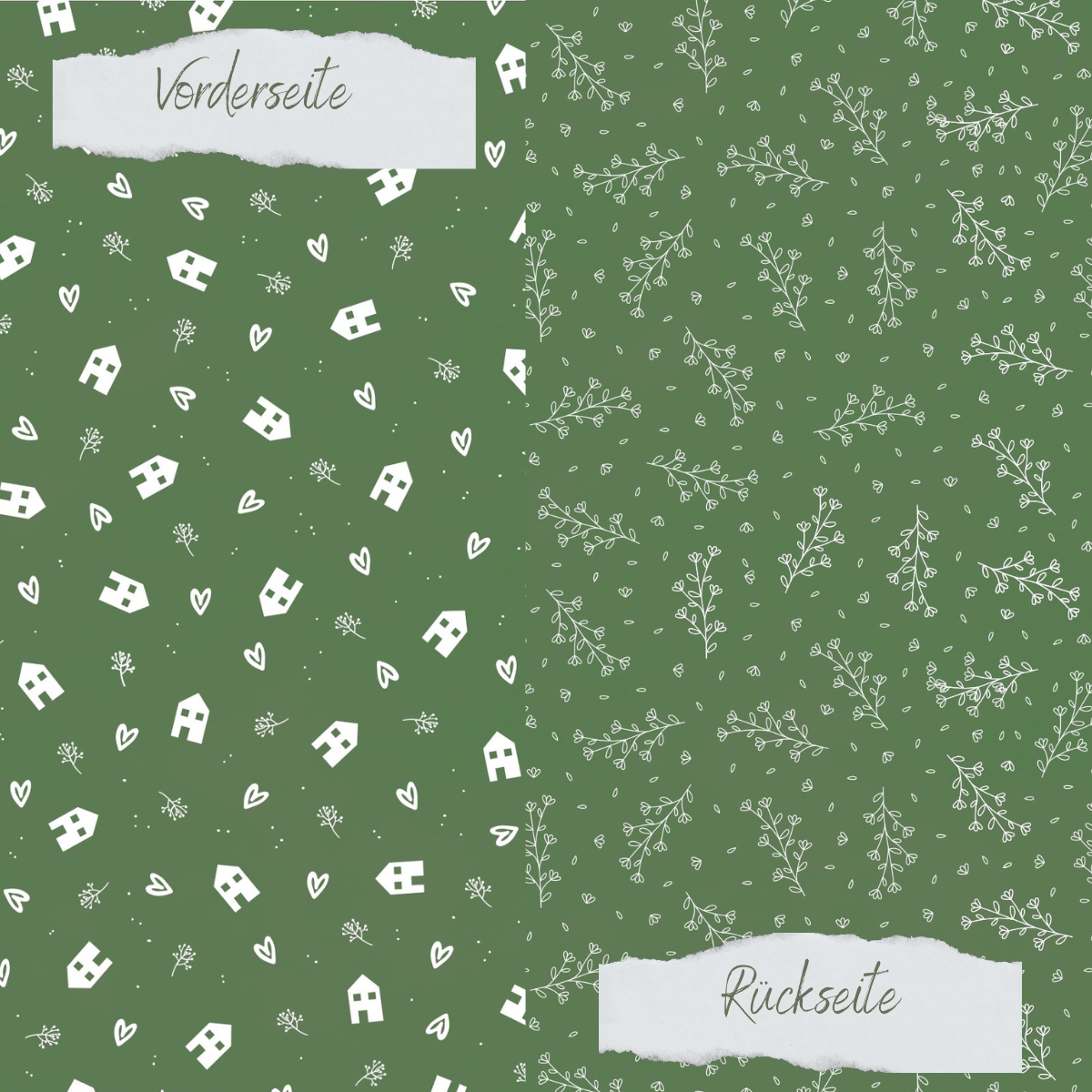 Designpapier - Basic - Olive - Häuser + Zweige - Doppelseitig bedruckt  