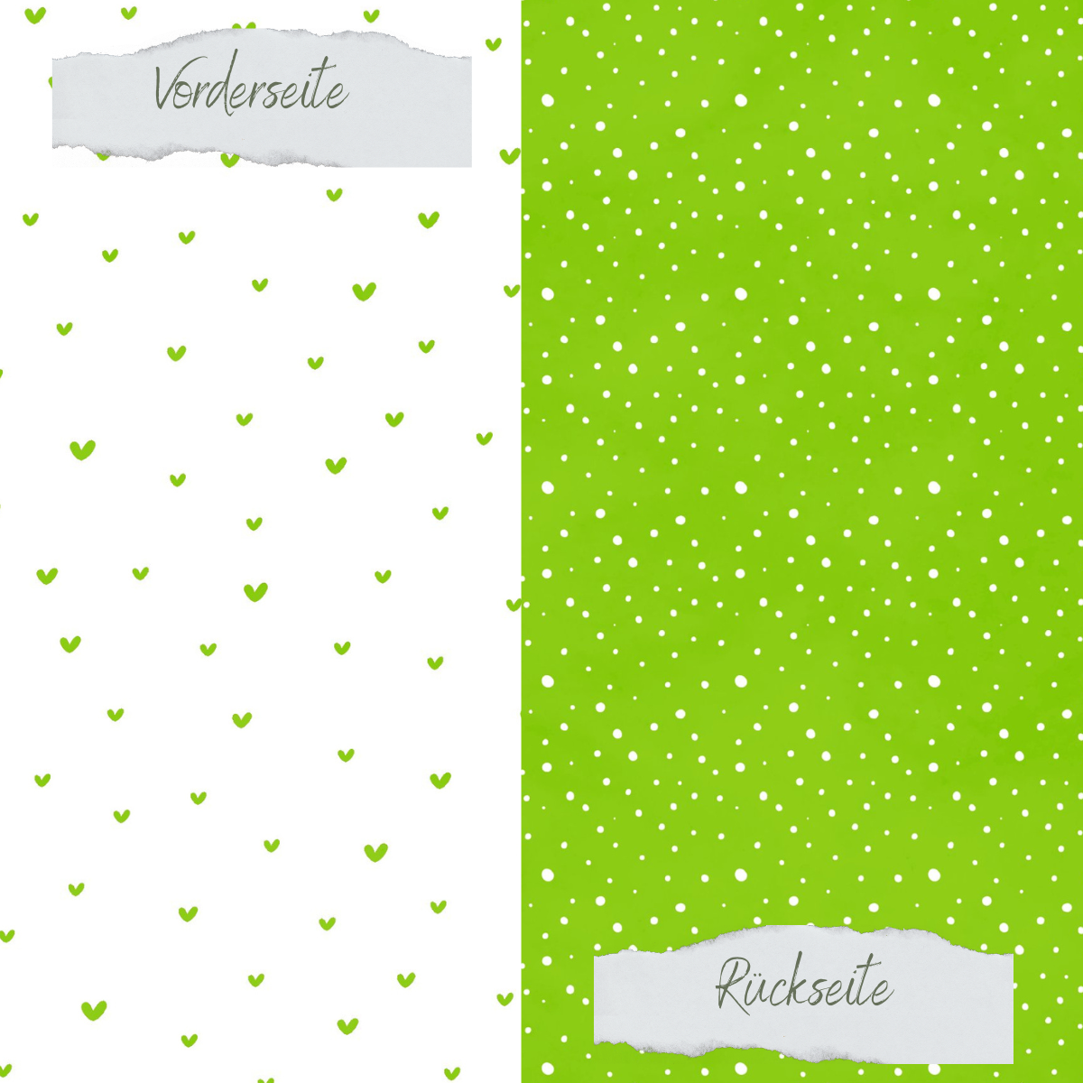 Designpapier - Basic - Apfelgrün - Doodle Herzen + Sprenkel - Doppelseitig bedruckt