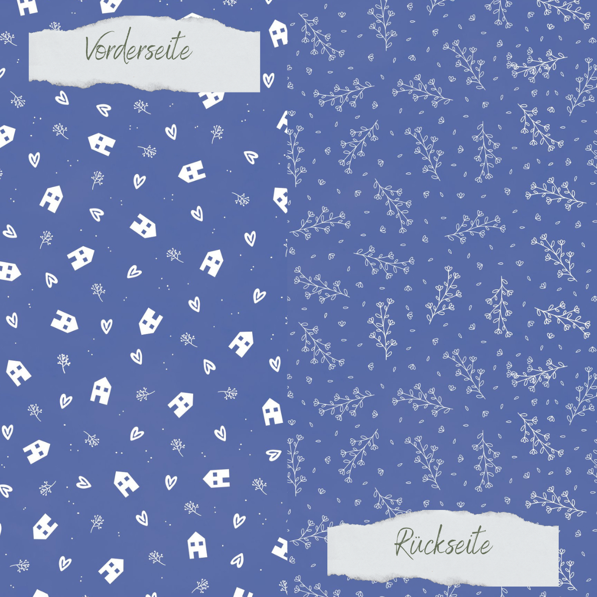 Designpapier - Basic - Jeansblau - Häuser + Zweige - Doppelseitig bedruckt