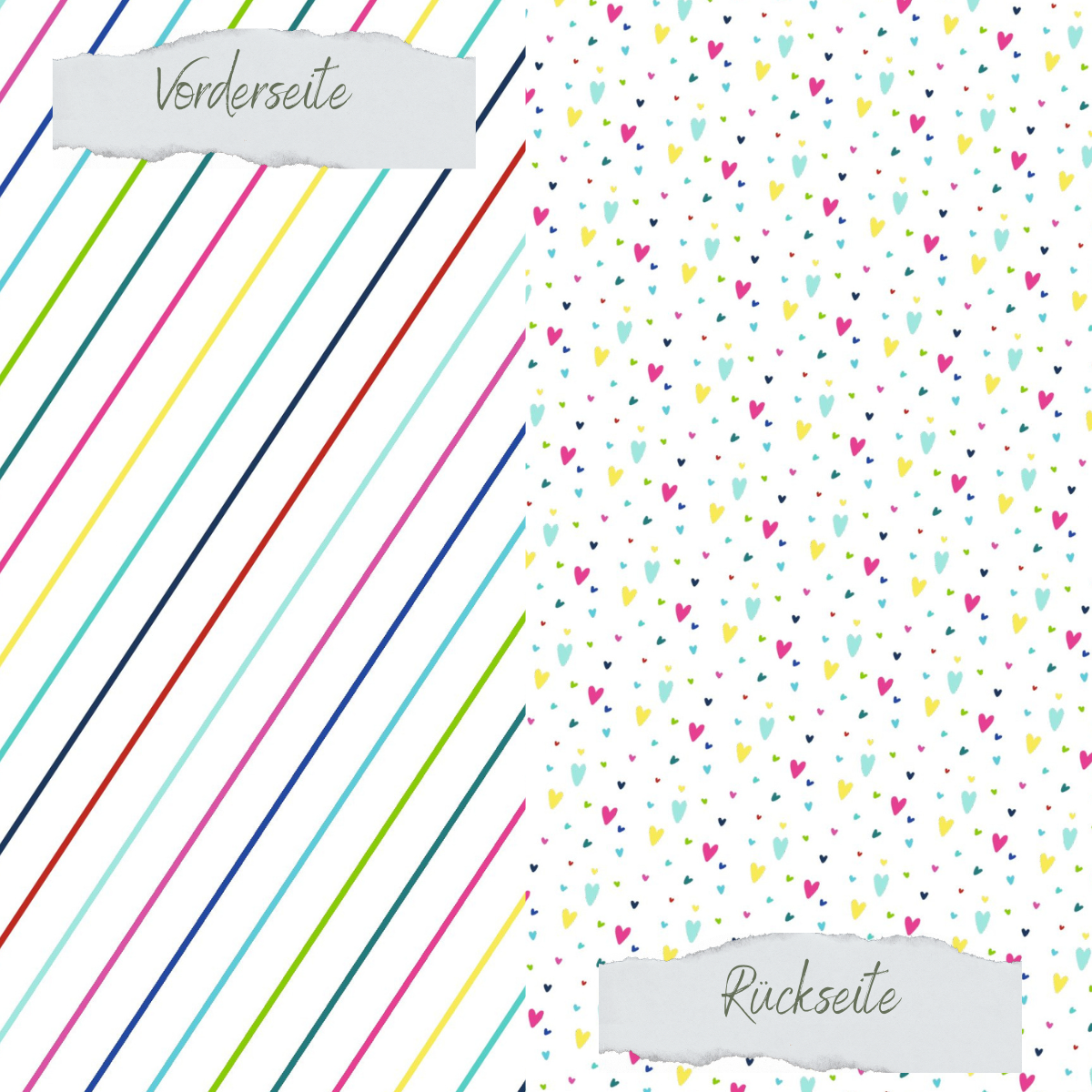 Papel de diseño - Sommer - Streifen + Doodle Herzen - Doppelseitig bedruckt