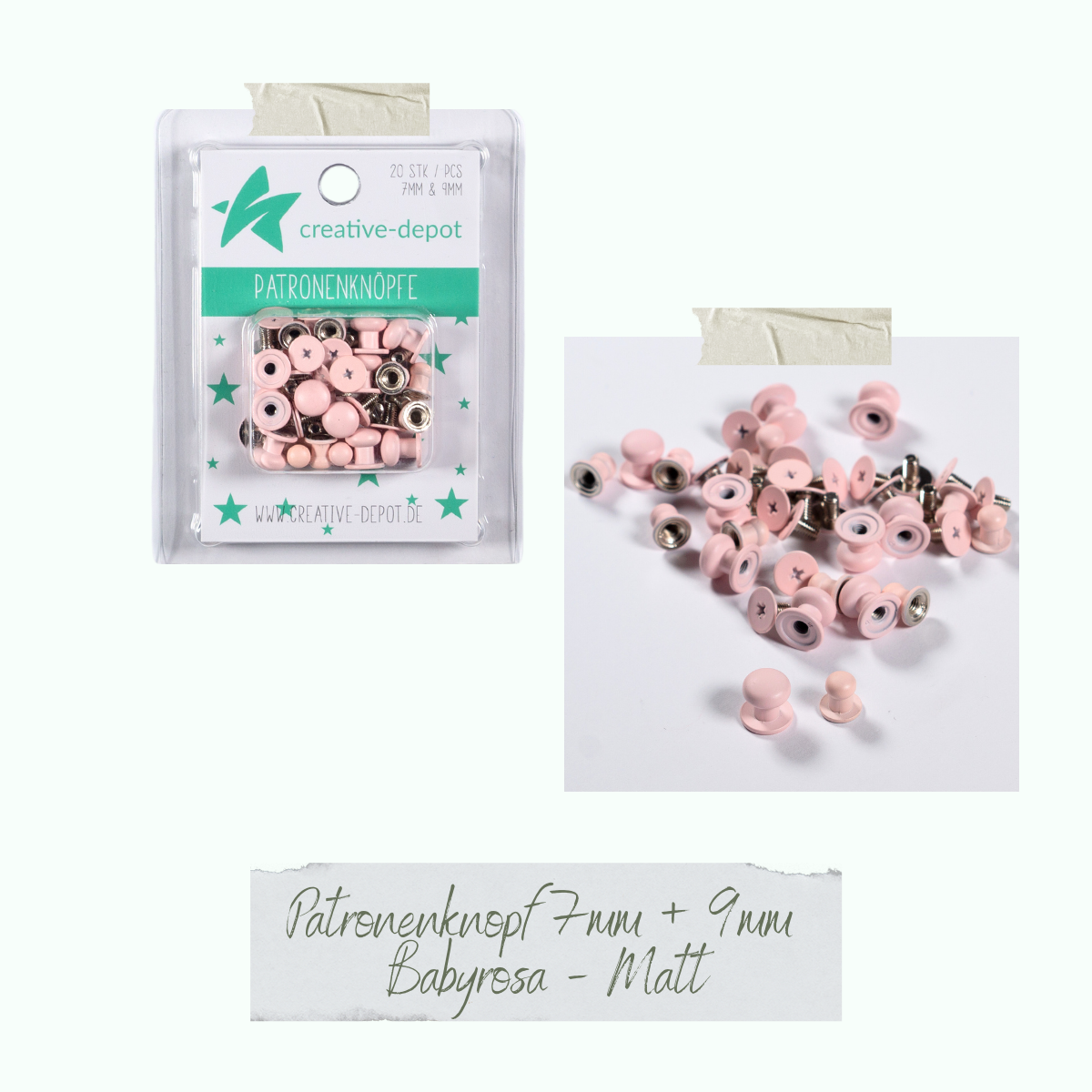 Patronenknopf - Babyrosa - Matt - 20 Stück - 7 mm & 9 mm Patronenknopf - Babyrosa - Matt - 20 Stück - 7 mm & 9 mm