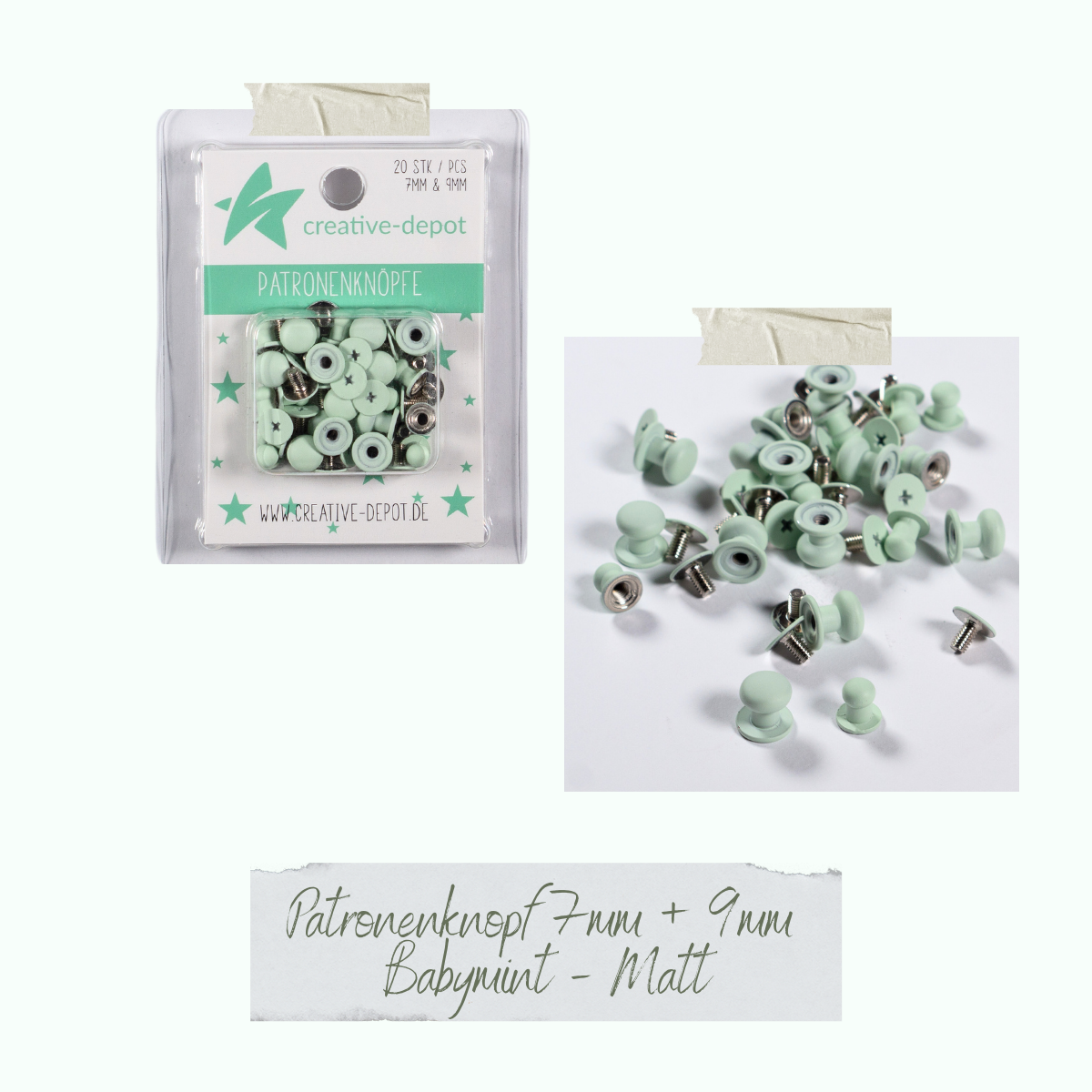 Patronenknopf - Babymint - Matt - Matt - 20 Stück - 7 mm & 9 mm Patronenknopf - Babymint - Matt - Matt - 20 Stück - 7 mm & 9 mm