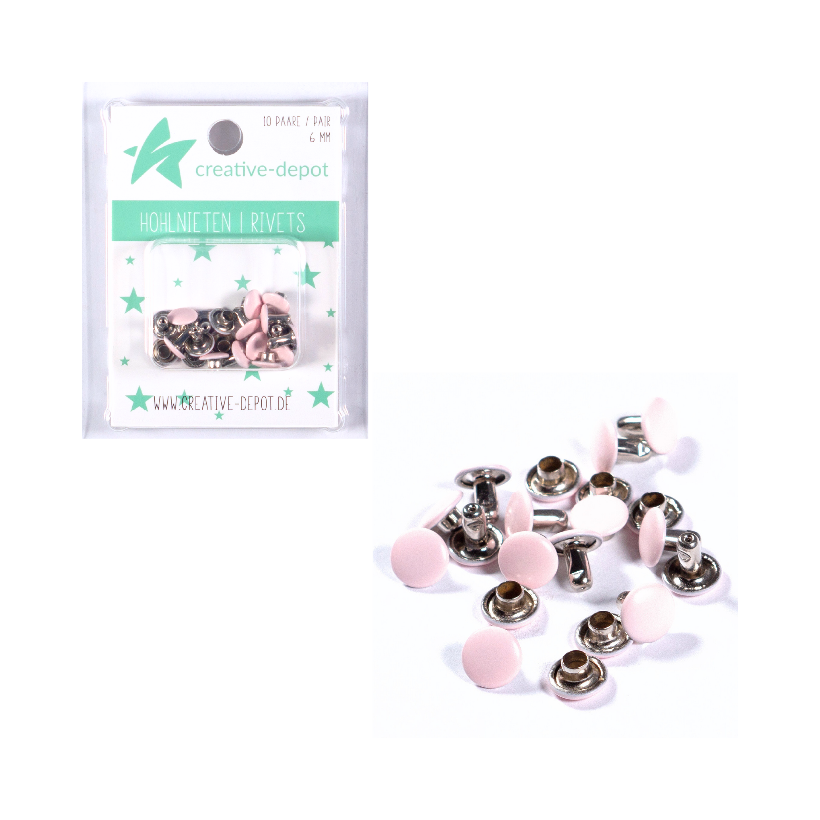 Double hollow rivets - Baby pink - Matt - 10 pairs - 6 mm