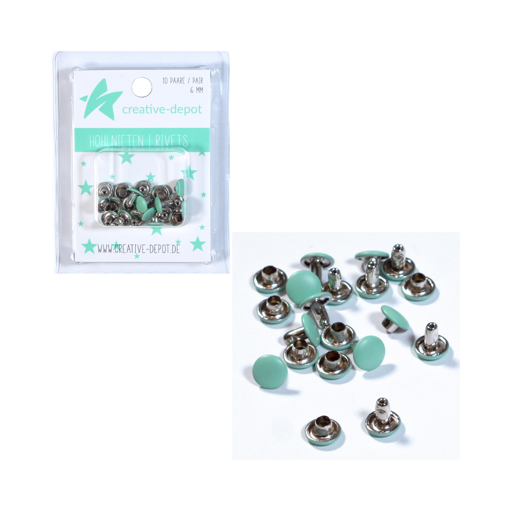 Doppelhohlnieten - Eukalyptus - Matt - 10 Paar - 6 mm