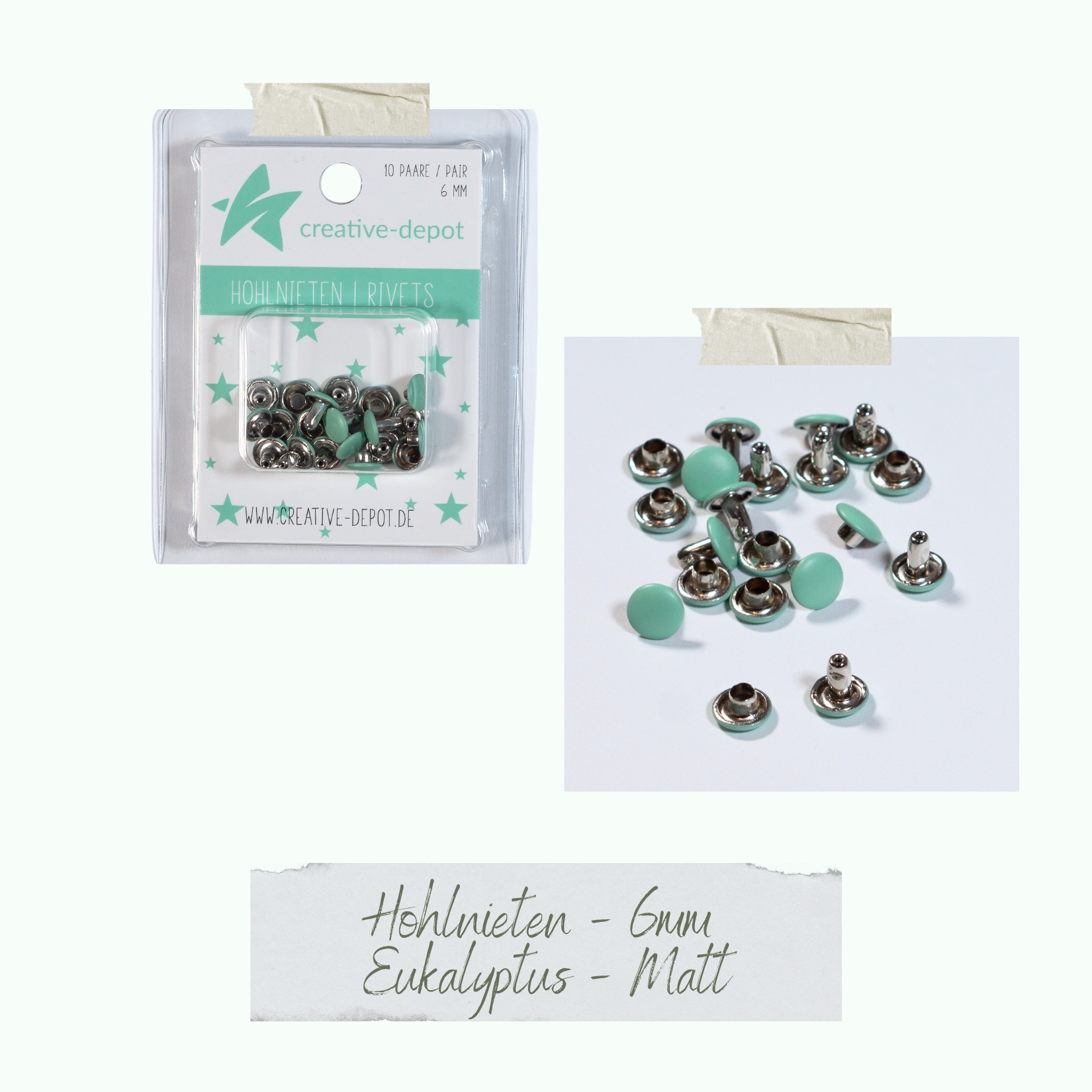 Doppelhohlnieten - Eukalyptus - Matt - 10 Paar - 6 mm