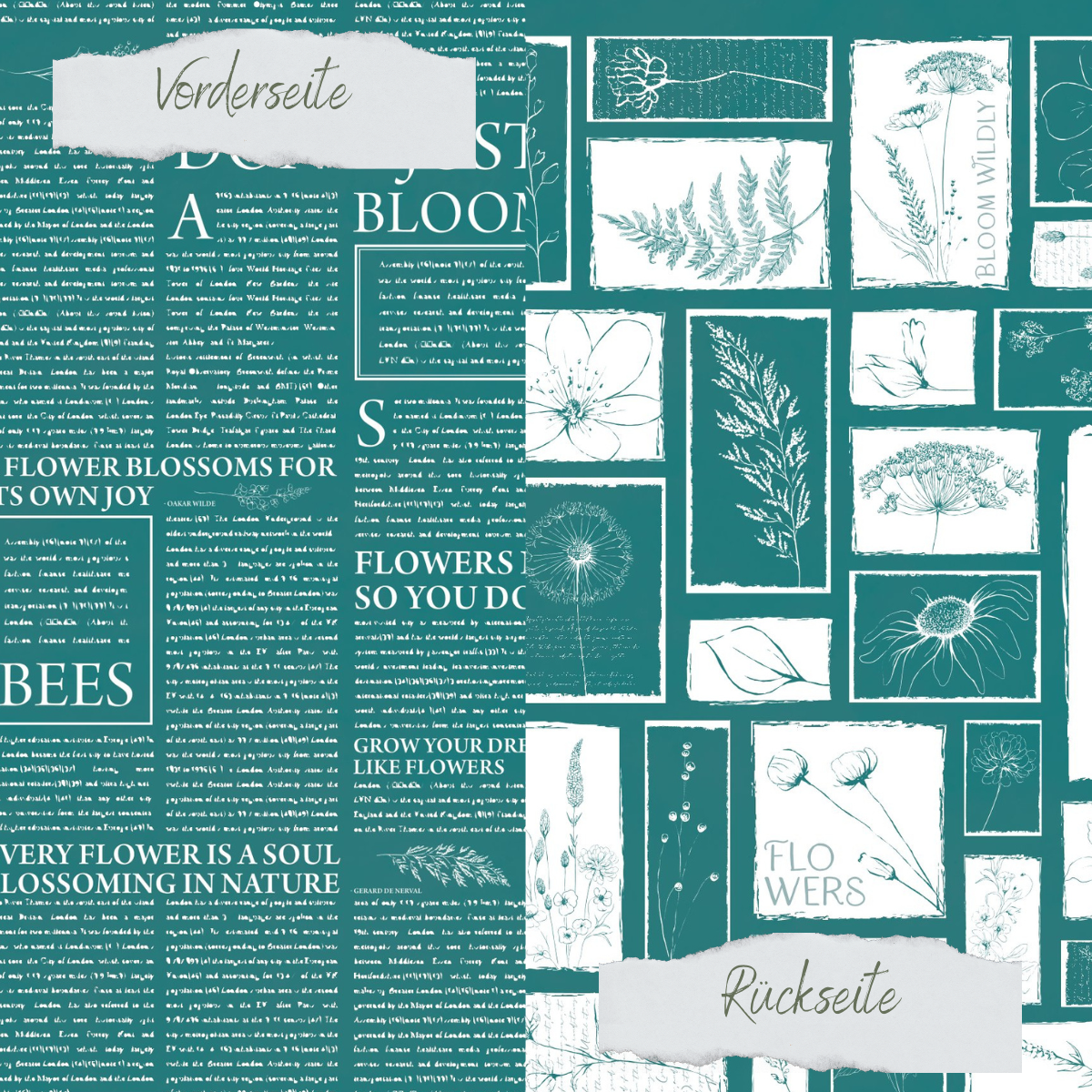 Designpapier - Basic - Smaragd - Newspaper + Wildflowers - Doppelseitig bedruckt   
