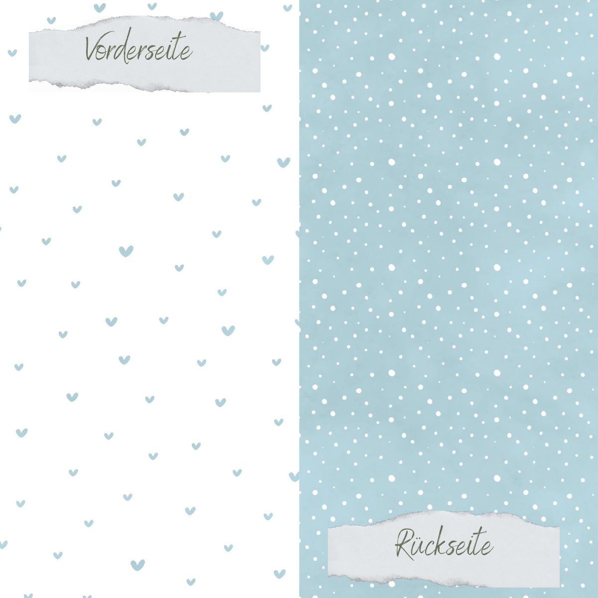 Designpapier - Basic - Vintage Hellblau - Doodle Herzen + Sprenkel - Doppelseitig bedruckt