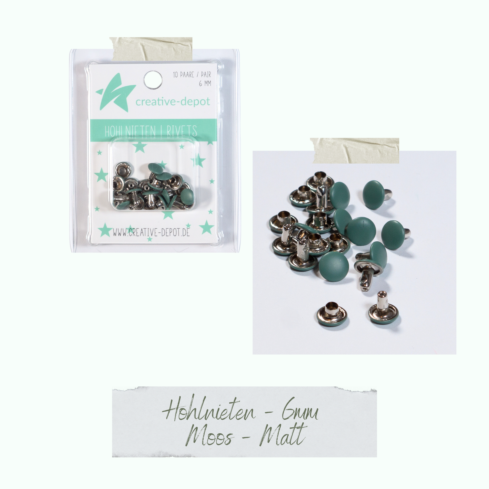 Doppelhohlnieten - Moos - Matt - 10 Paar - 6 mm