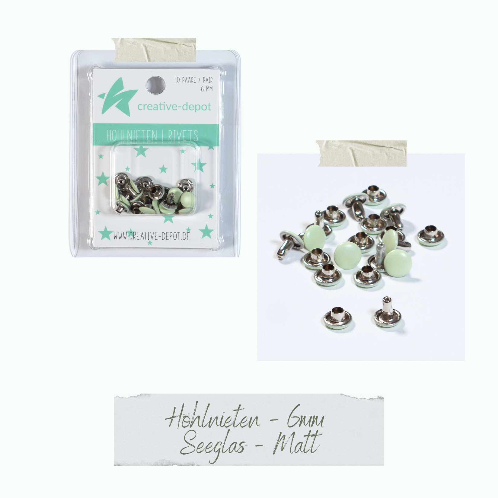 Doppelhohlnieten - Seeglas - Matt - 10 Paar - 6 mm