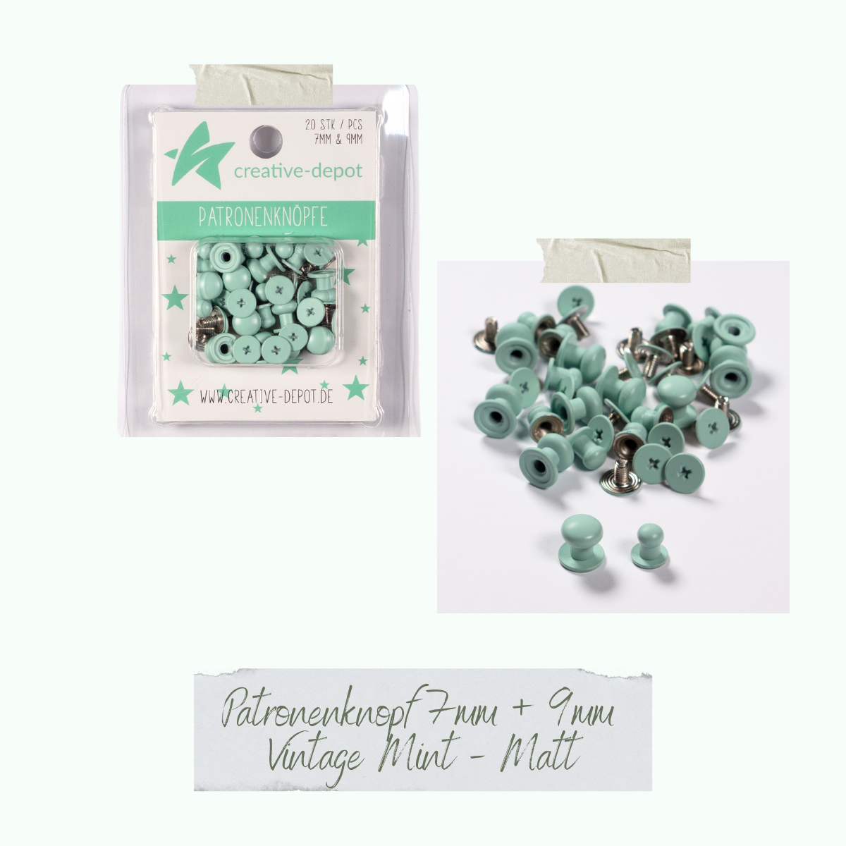 Patronenknopf - Vintage Mint - Matt - 20 Stück - 7 mm & 9 mm Patronenknopf - Vintage Mint - Matt - 20 Stück - 7 mm & 9 mm