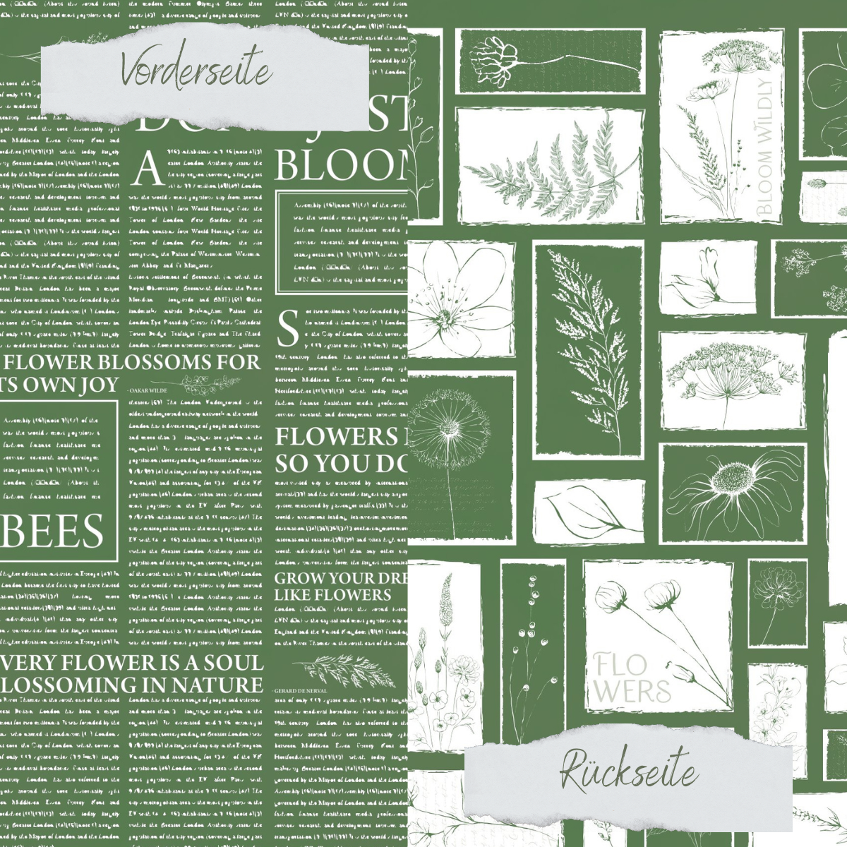 Papel de diseño - Basic - Olive - Newspaper + Wildflowers - Doppelseitig bedruckt    Papel de diseño - Basic - Olive - Newspaper + Wildflowers - Doppelseitig bedruckt