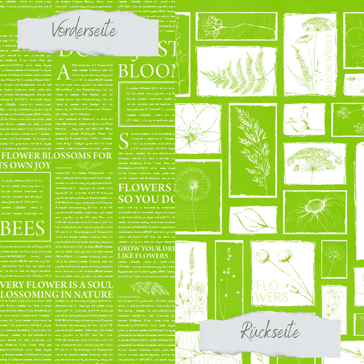 Designpapier - Basic - Apfelgrün - Newspaper + Wildflowers - Doppelseitig bedruckt
