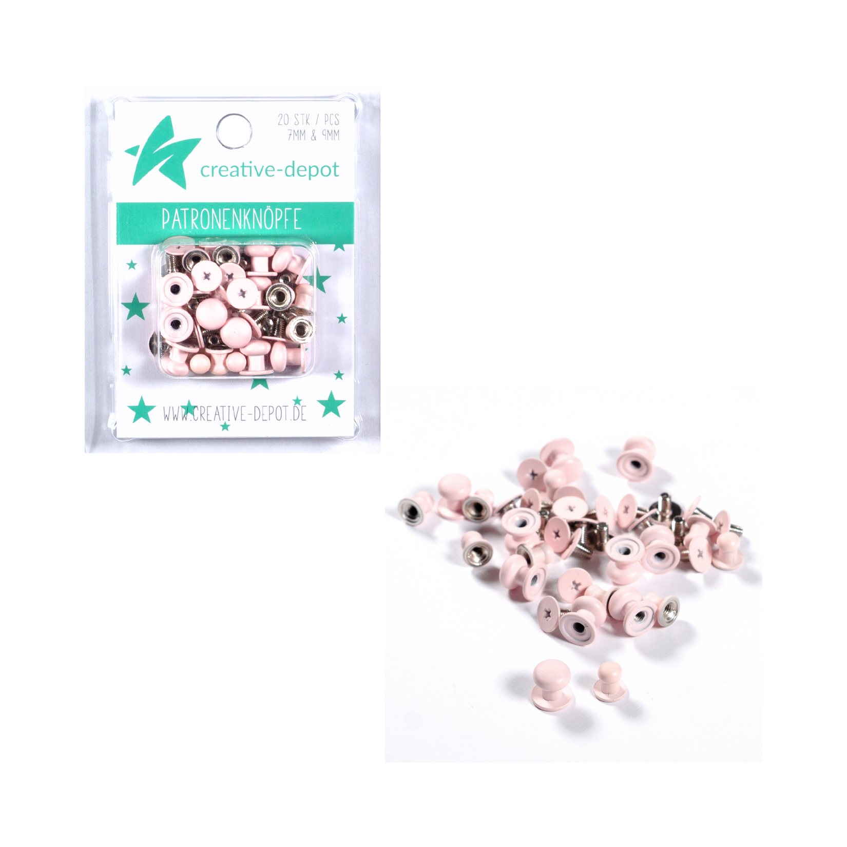 Patronenknopf - Babyrosa - Matt - 20 Stück - 7 mm & 9 mm