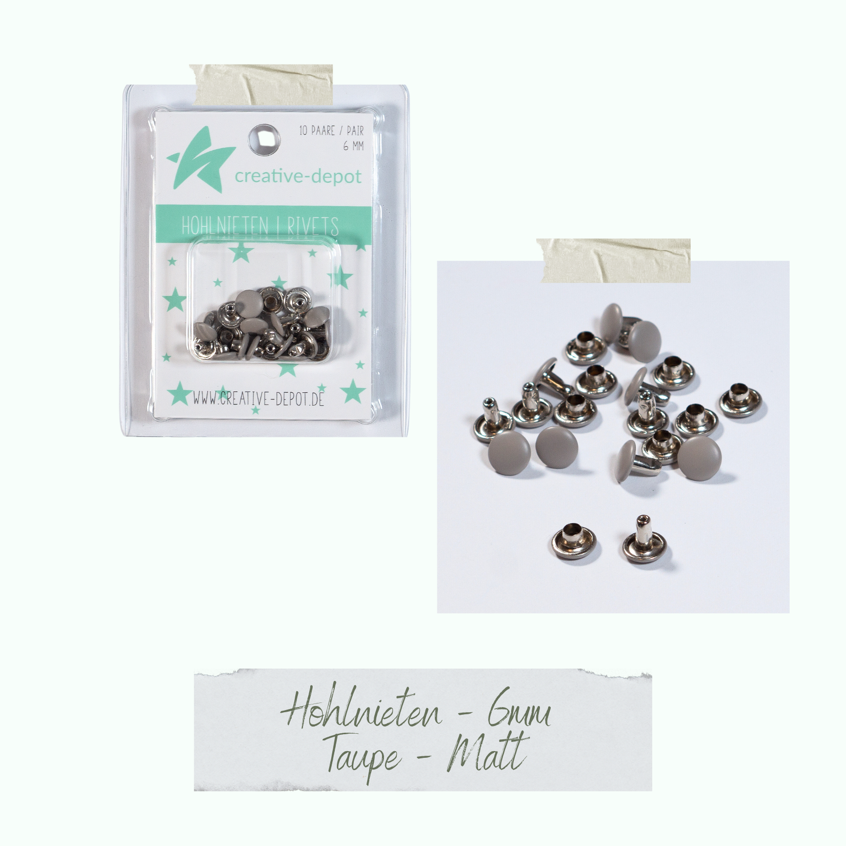 Doppelhohlnieten - Taupe - Matt - 10 Paar - 6 mm Doppelhohlnieten - Taupe - Matt - 10 Paar - 6 mm