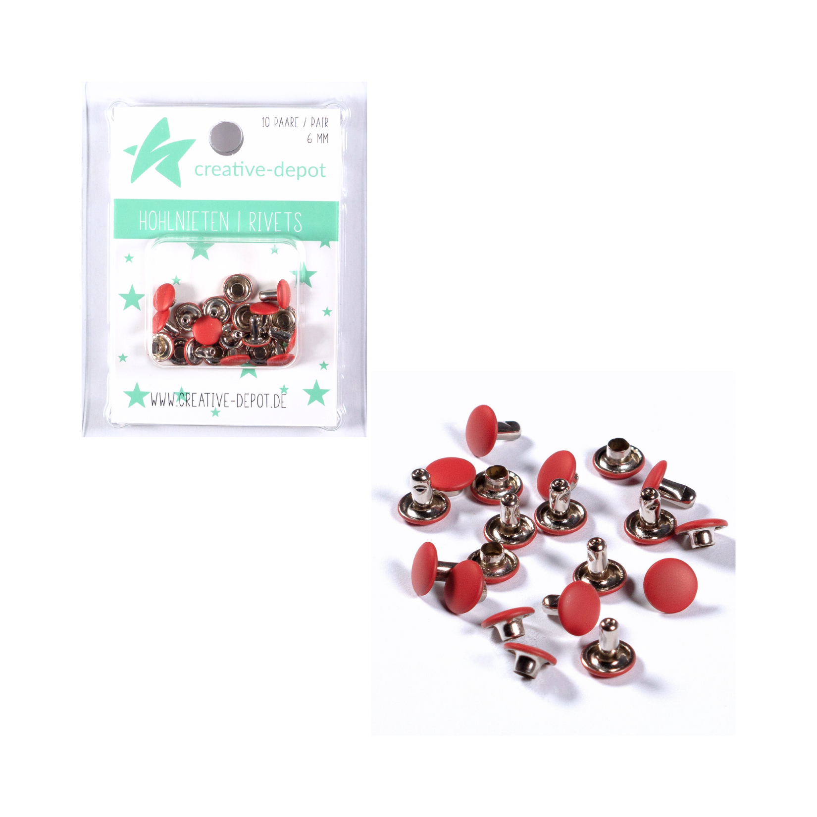 Doppelhohlnieten - Weihnachtsrot - Matt - 10 Paar - 6 mm