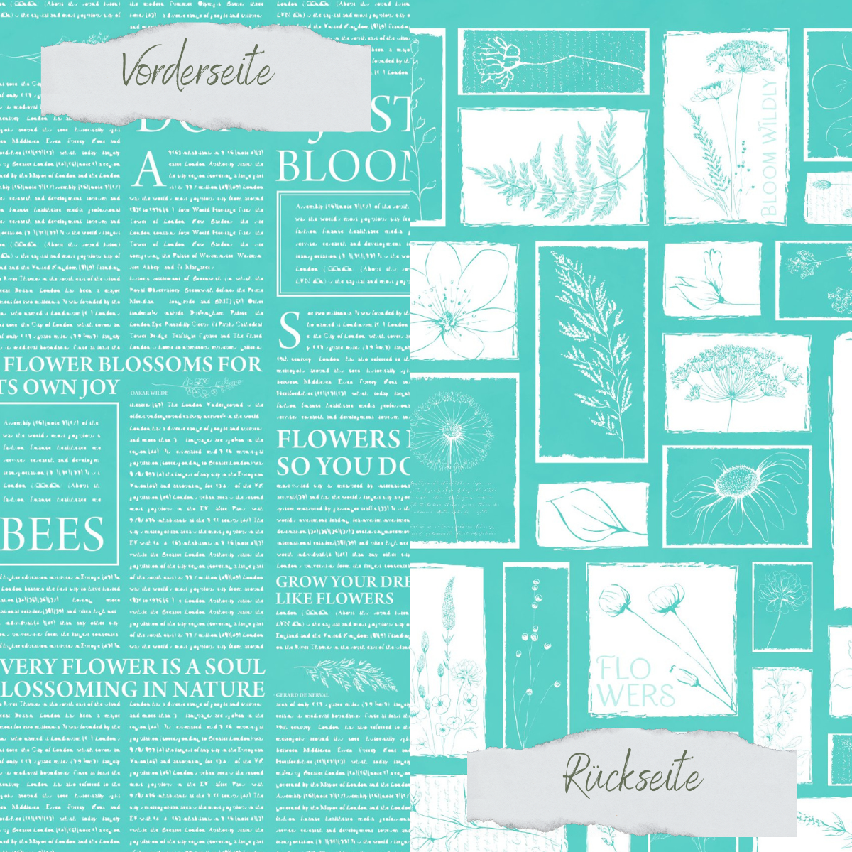 Designpapier - Basic - Sommertürkis - Newspaper + Wildflowers - Doppelseitig bedruckt