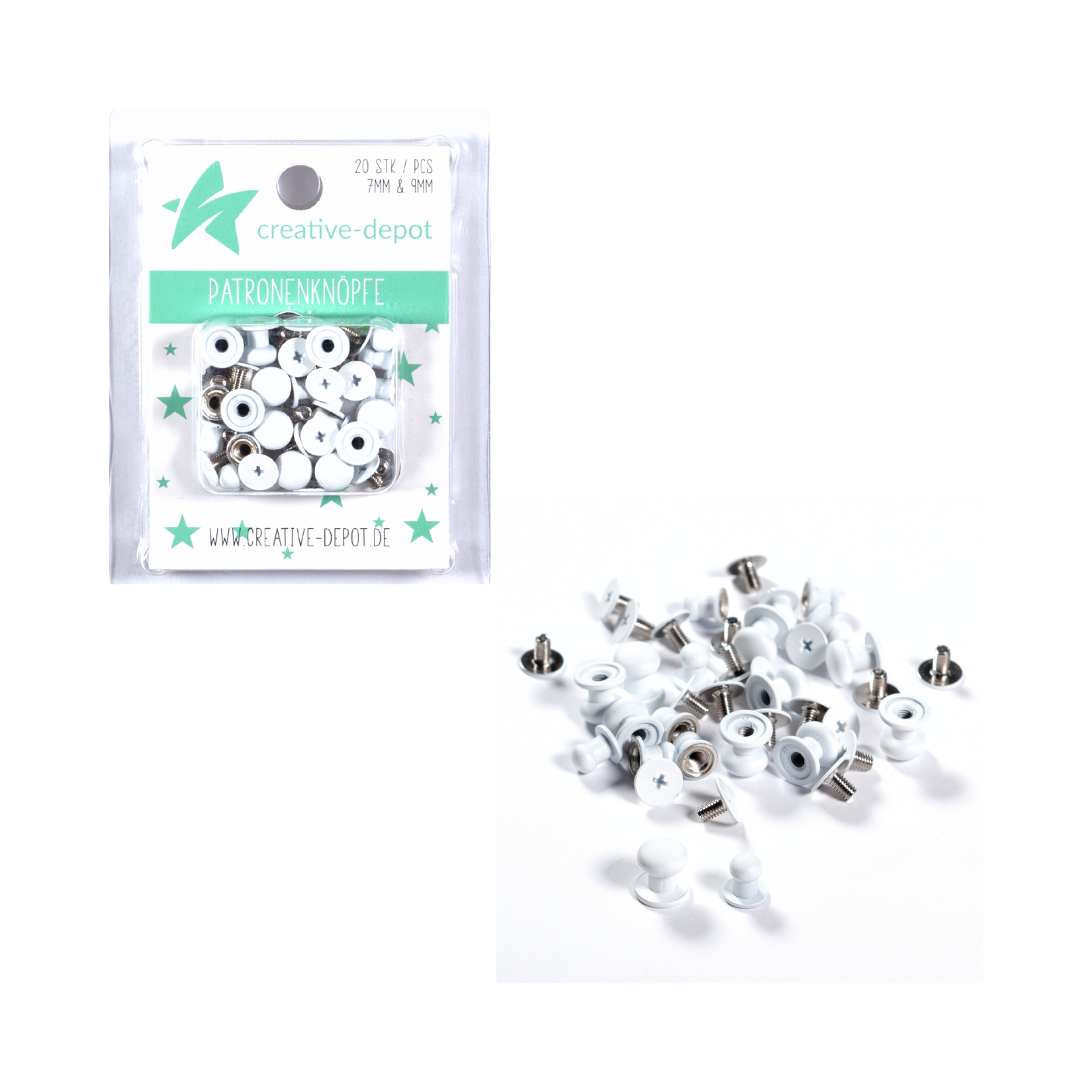 Patronenknopf - Weiß - Matt - 20 Stück - 7 mm & 9 mm