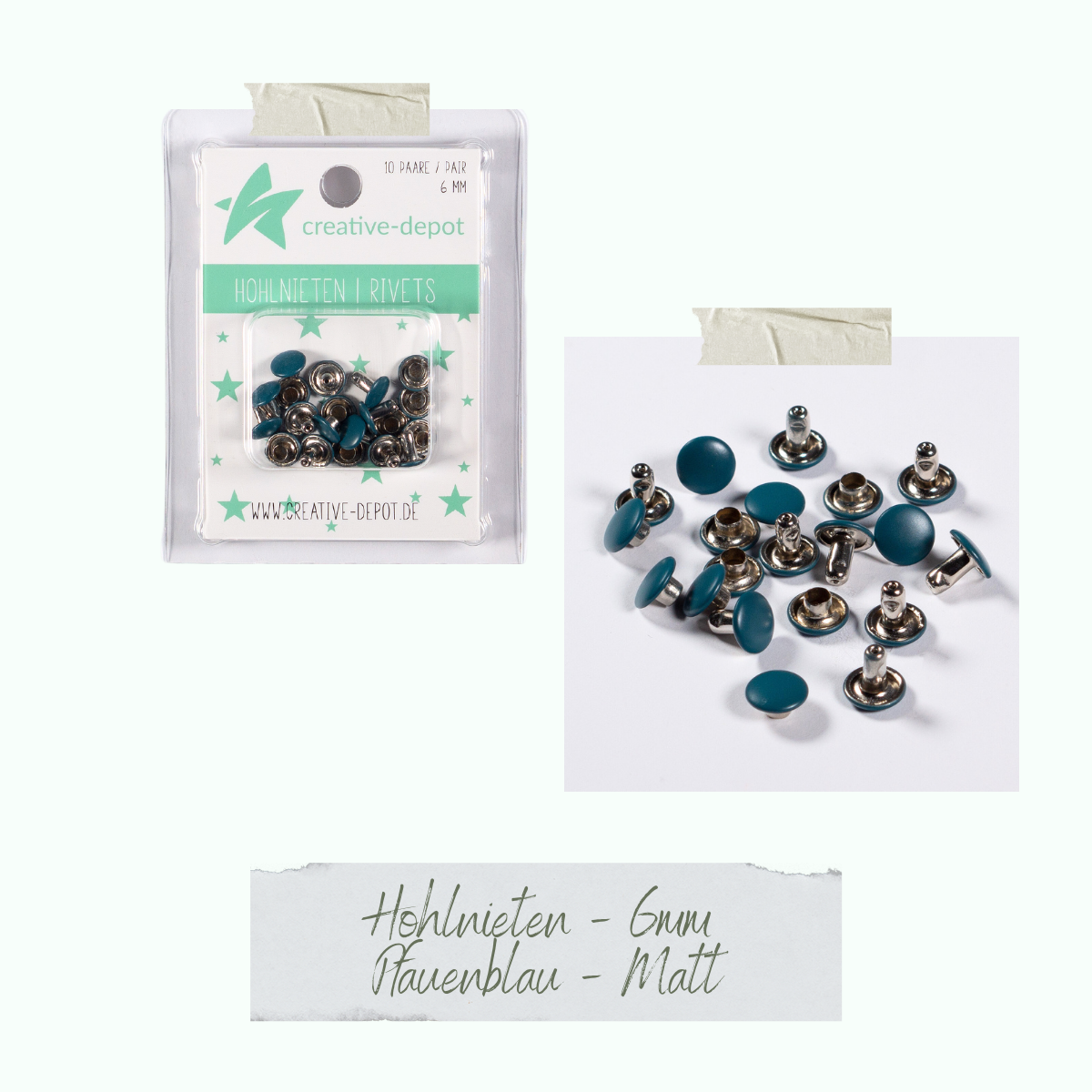 Doppelhohlnieten - Pfauenblau - Matt - 10 Paar - 6 mm  Doppelhohlnieten - Pfauenblau - Matt - 10 Paar - 6 mm