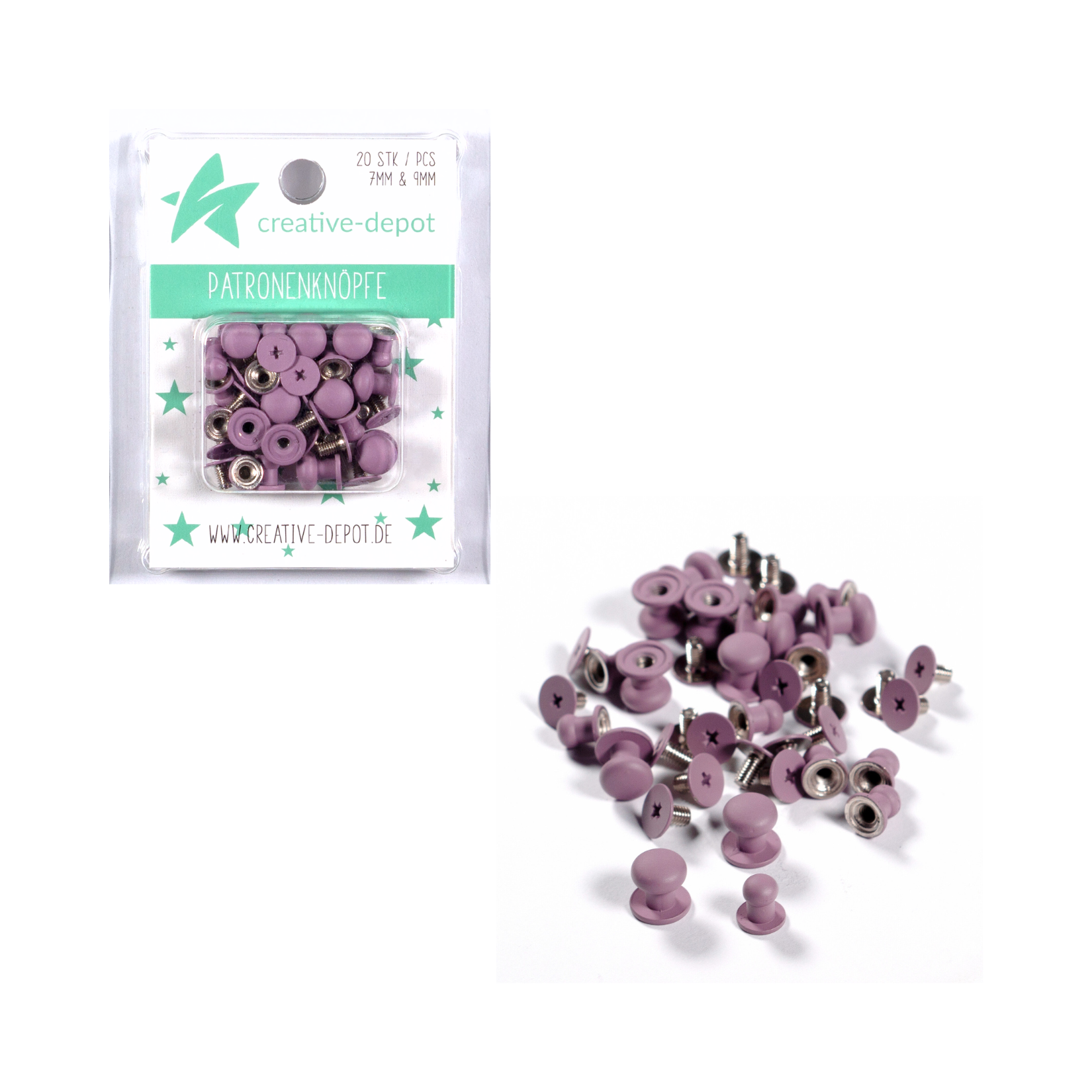 Patronenknopf - Malve - Matt - 20 Stück - 7 mm & 9 mm