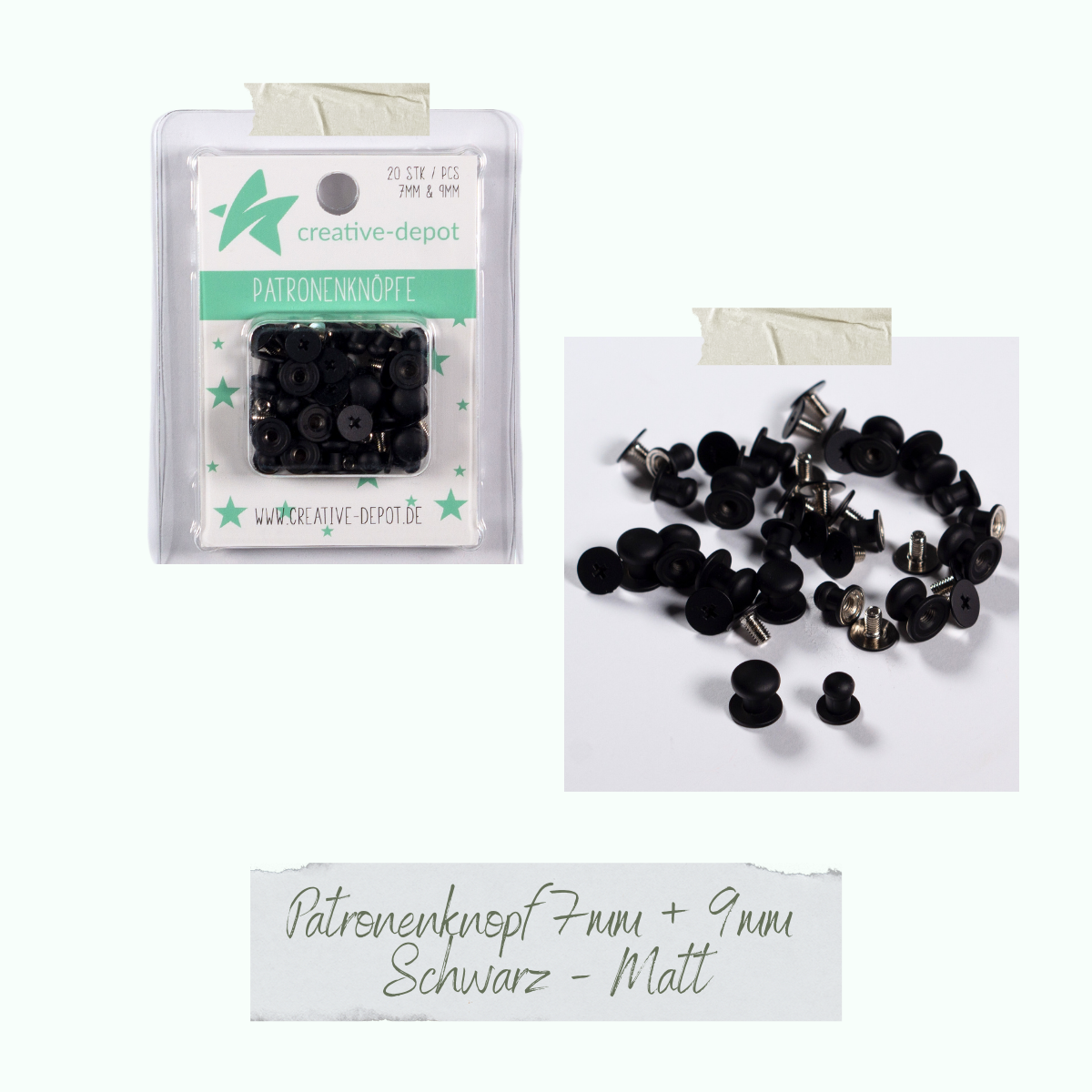 Patronenknopf - Schwarz - Matt - 20 Stück - 7 mm & 9 mm Patronenknopf - Schwarz - Matt - 20 Stück - 7 mm & 9 mm