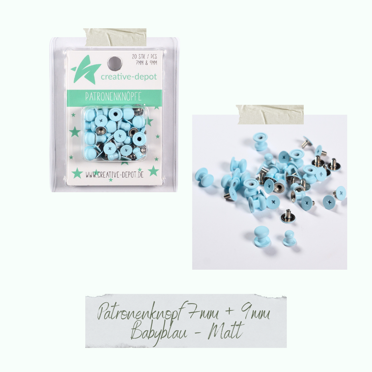 Patronenknopf - Baby Blau - Matt - 20 Stück - 7 mm & 9 mm Patronenknopf - Baby Blau - Matt - 20 Stück - 7 mm & 9 mm