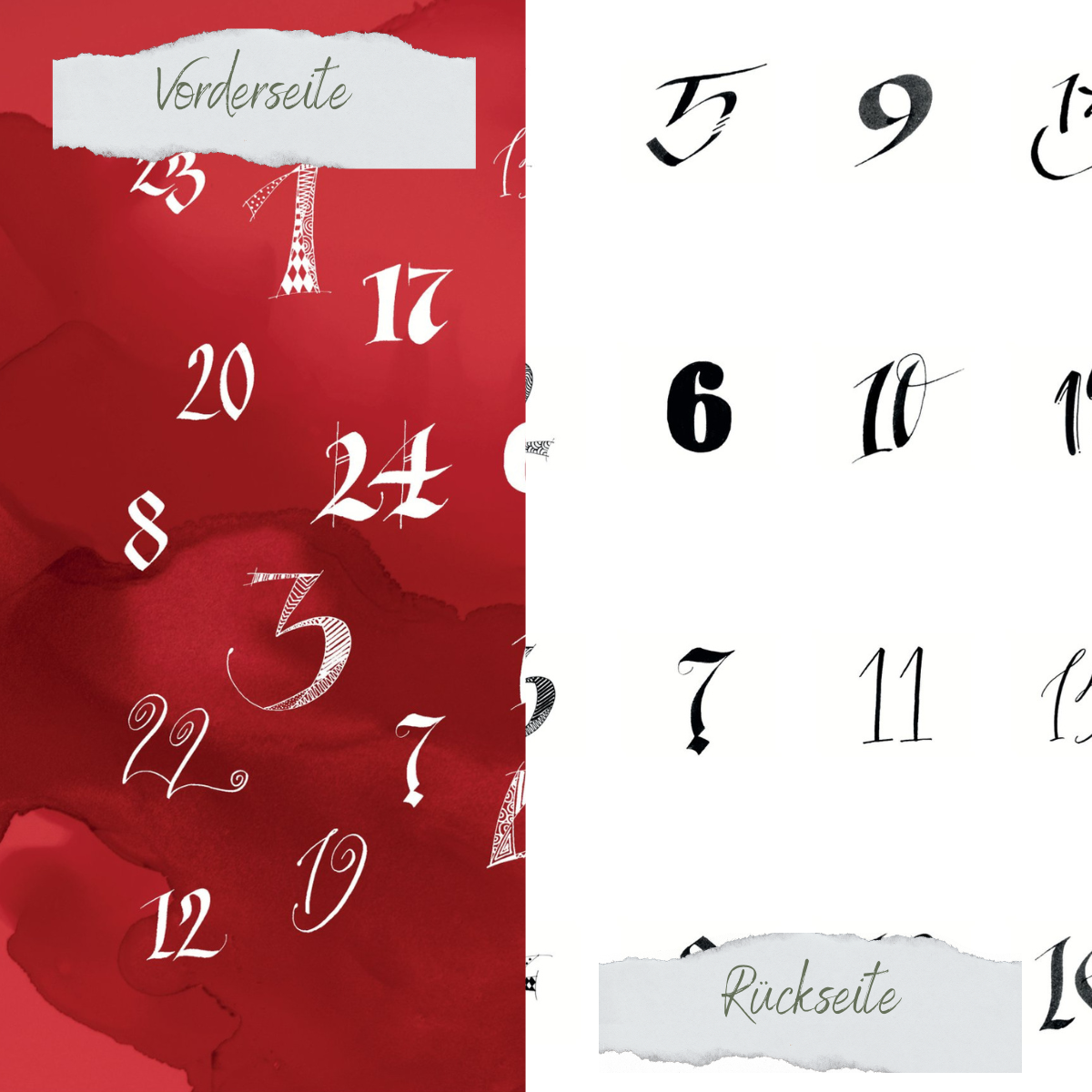 Designpapier - Adventskalenderzahlen - Doppelseitig bedruckt  