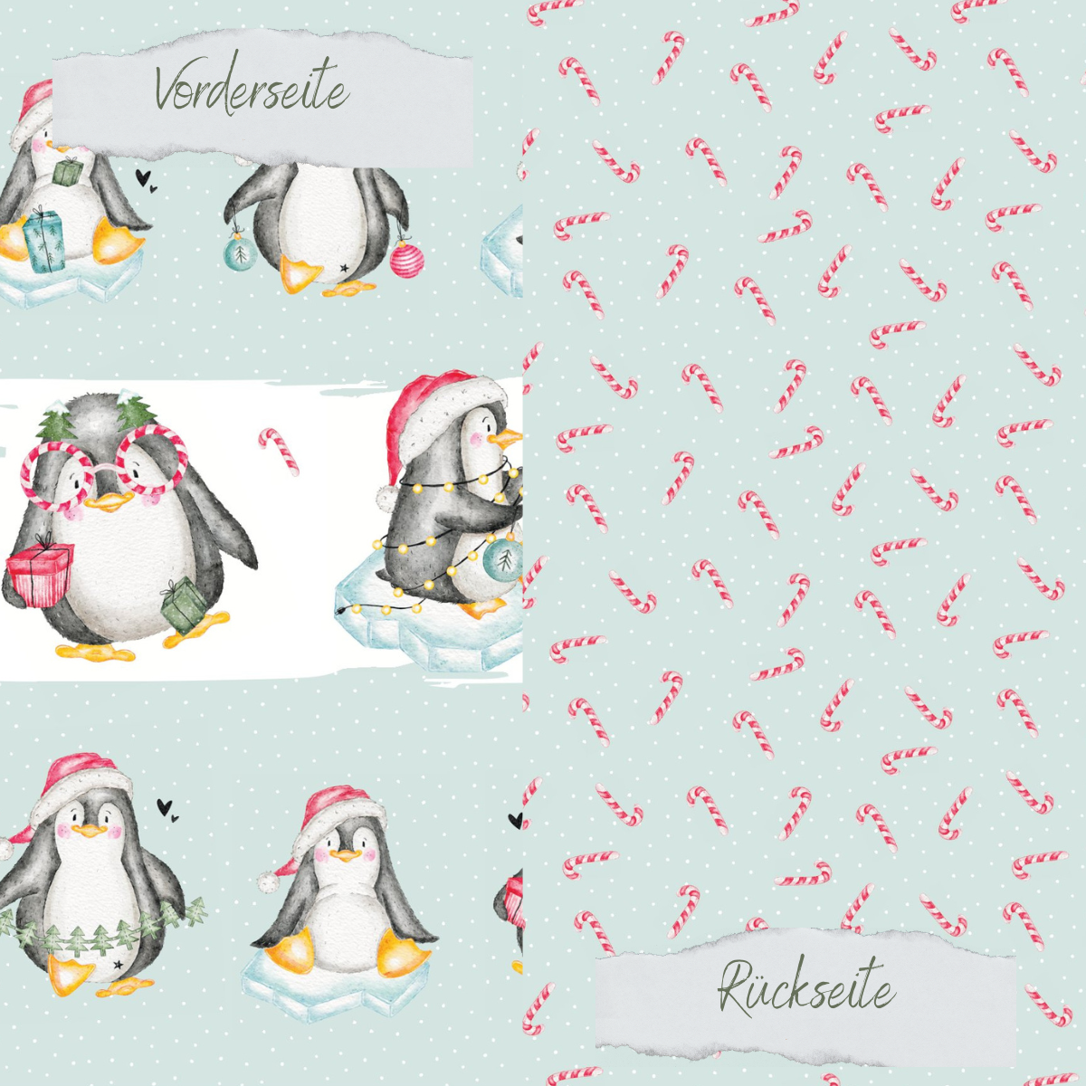Designpapier - Weihnachtspinguine - Salbei - Doppelseitig bedruckt